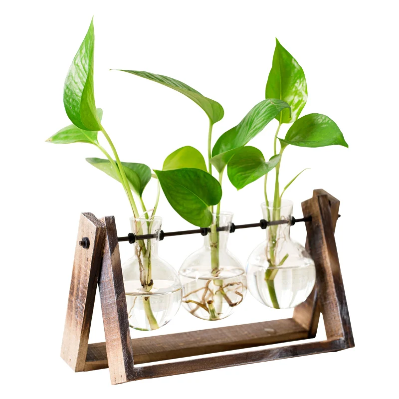 

Desktop Glass Planter Bulb Vase with Retro Solid Wooden Stand and Metal Swivel Holder for Hydroponics Plants Home Office Decor