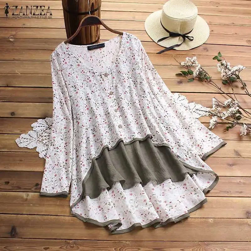 

Plus Size Asymmetrical Tops Printed Tunic Women Summer Blouse 2019 ZANZEA Casual Long Sleeve Shirts Female Fake Two pieces Blusa