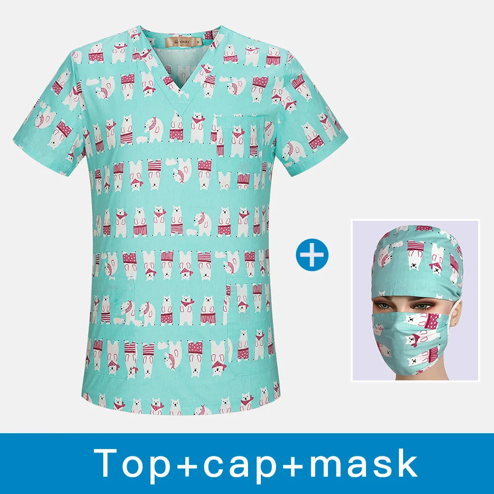 Breathable Scrub clothes V-Neck Hospital Nurse Scrub Tops Women cartoon Printing Surgical Medical Uniforms for Women wholesale