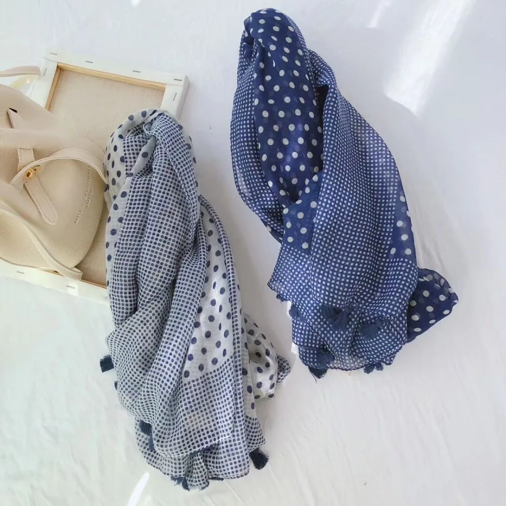 

2019 Women Spot Pattern Cotton Voile Tassel Scarf 2Colors 10pcs/lot