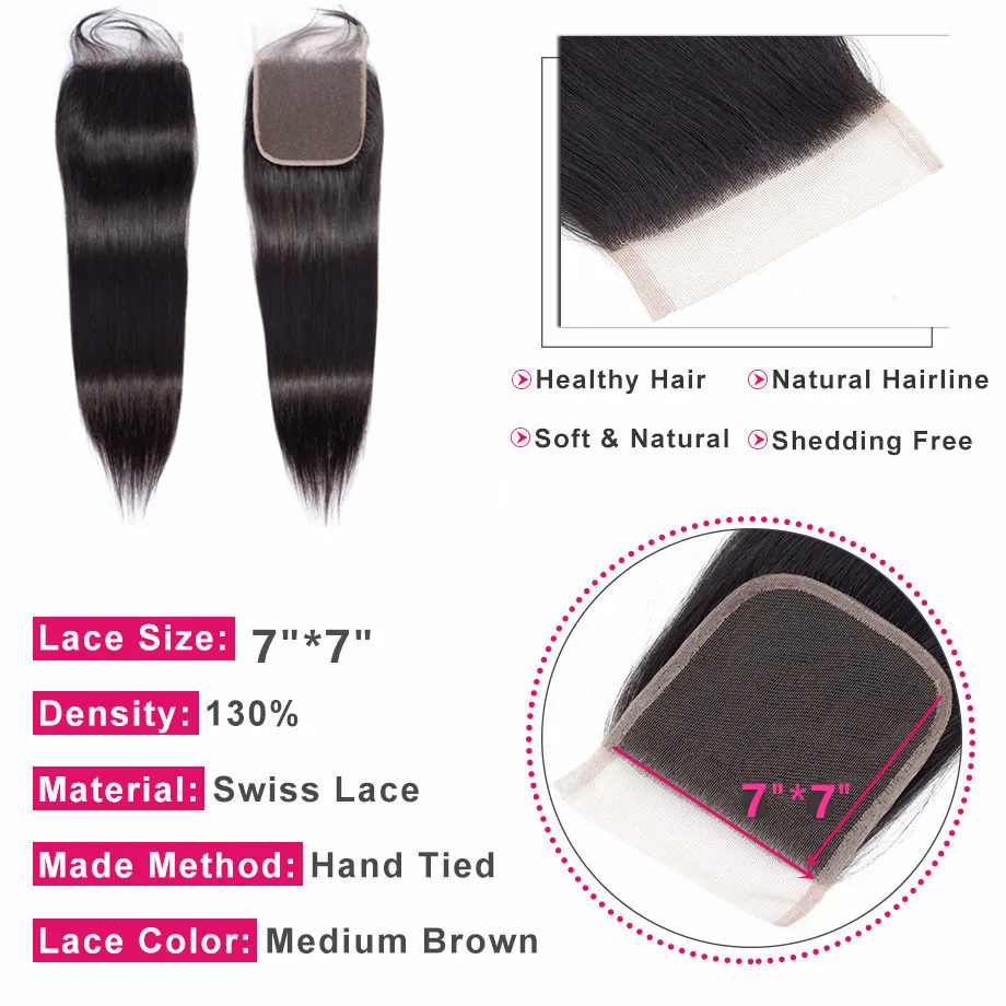 Bling Hair 7x7 закрытие шнурка Remy бразильские прямые человеческие волосы Закрытие с волосами младенца бесплатно/средний/три части натурального цвета