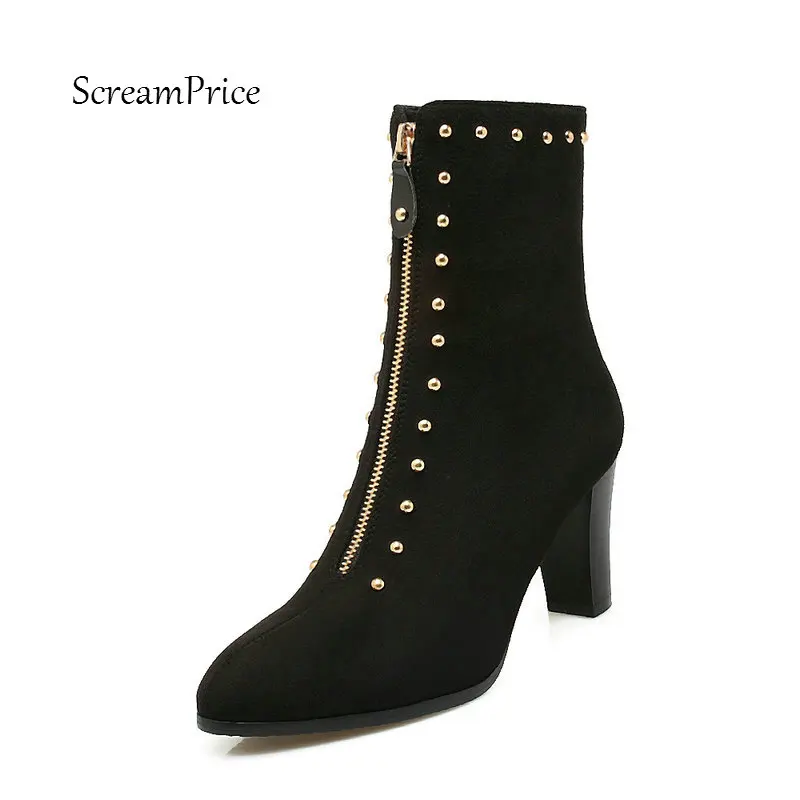 

Faux Suede Front Zipper Comfortable Thick Heel Fashion Rivet Pointed Toe Winter Women Shoes Gray Wine Red B