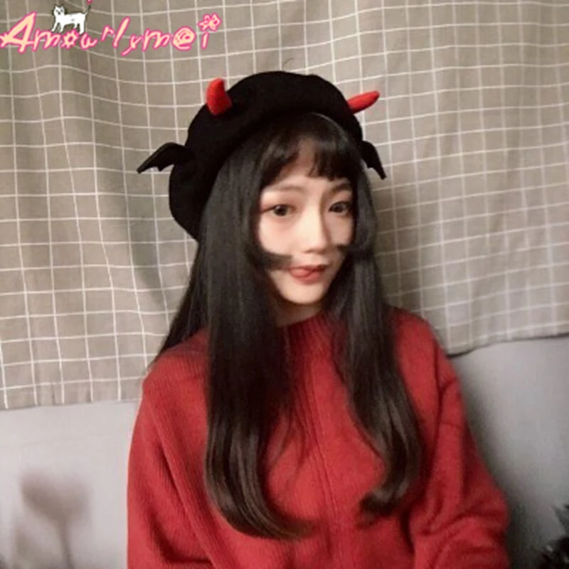 Хэллоуин Kawaii дьявол берет Готический шерсть осень зима для женщин Шапки для милый японский стиль Mori Girl берет для девочек шапки