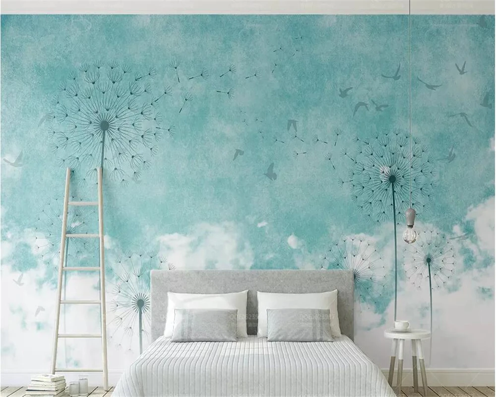 

beibehang Custom Made Fresco Wallpapers 3d Fresh Modern Scandinavian Style Blue Dandelion Birds TV Wallpaper 3d papel de parede