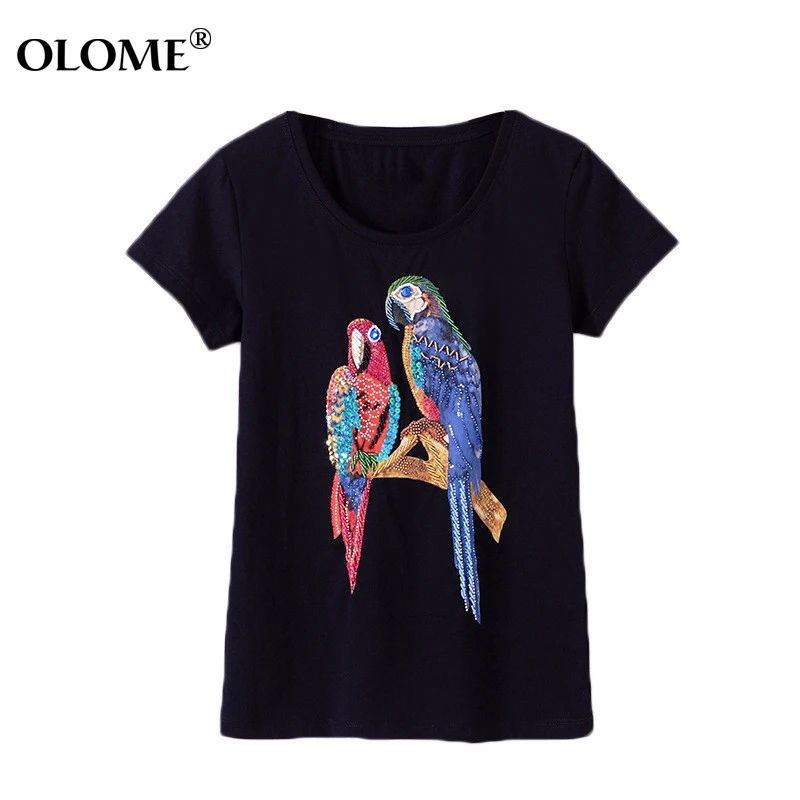 

T-shirt Women High-end Beaded Diamond Cotton Parrot Short-sleeved T-shirt 2019 Summer Brand Fashion Short Sleeve Top Women