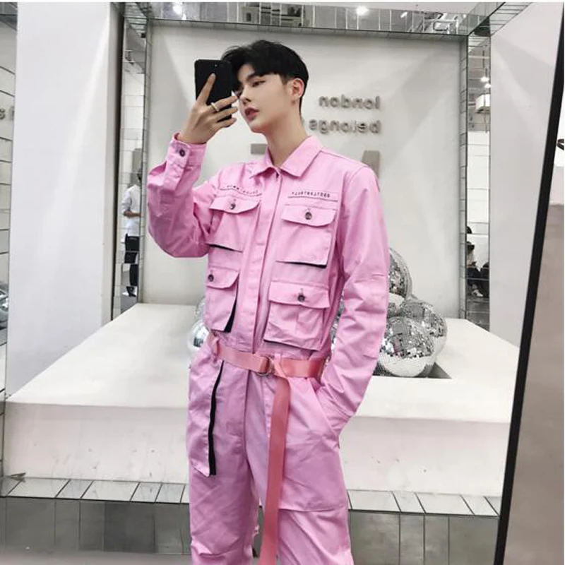 

Mens fashion pink black multi pockets Jumpsuits Cargo Work Long Pants Hip-hop MaleJapan style vintage Slim Fit Overalls Romper