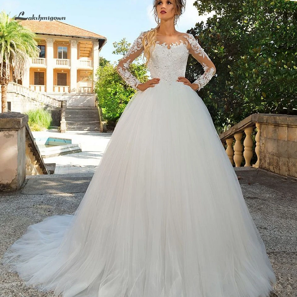 

Lakshmigown Vestido de noiva Wedding Dress Long Sleeve Ball Gown Lace Up Corset Back Bridal Dress Princess Wedding Gown 2019