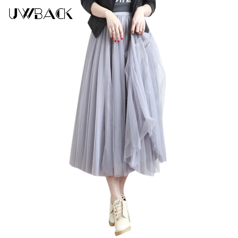 

Uwback Vintage Women Mesh Tulle Skirts Womens 2018 Black Gray High Waist Pleated Tutu Midi Skirt Female Mid calf Skirt,EB560