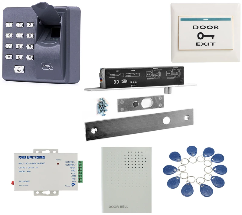 

5wires Timer & Signal Fail Safe Electric Deadbolt, Dropbolt lock kit with fingerprint reader 10 tags doorbell