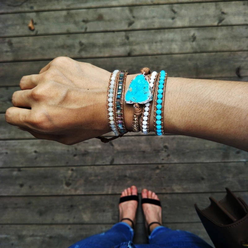 Ceny Unikalne mieszane kamienie naturalne turkusy urok 5 nici bransoletki Handmade bransoletka boho kobiety skórzana bransoletka Dropshipping