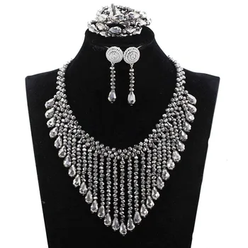 

Beauty Silver crystal wedding jewelry sets for brides 2017 new brand fashion beads wedding jewelry set Free shipping JB157