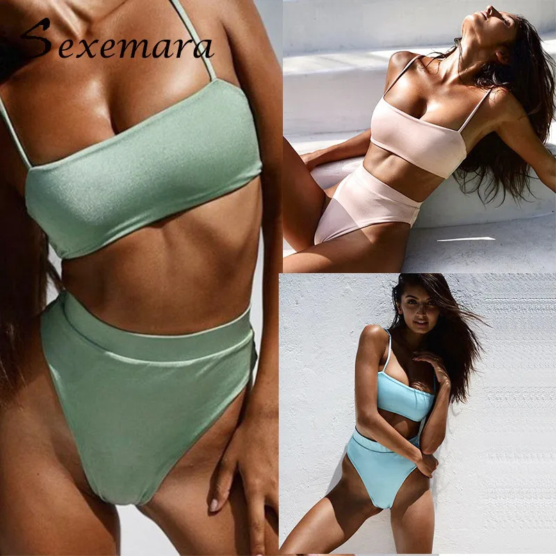 

Solid Women Sexy Bikinis Bikini 2019 Hot Sale Padded Bra Spaghetti Strap High Waist Swimsuit Swimwear Women Bandeau Biquini