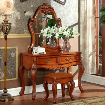 

European Solid Wood Dressing Table, American Country Bedroom Makeup Table, Makeup Stool,