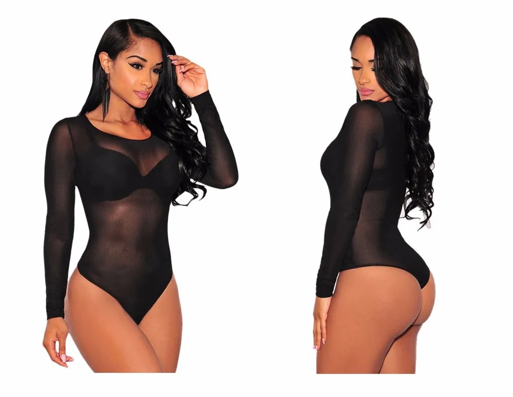 SEBOWEL Sexy Black Sheer Mesh Bodysuit Women Long Sleeve Nude Bodysuits See Through Jumpsuits Club Body Suit macacao feminino
