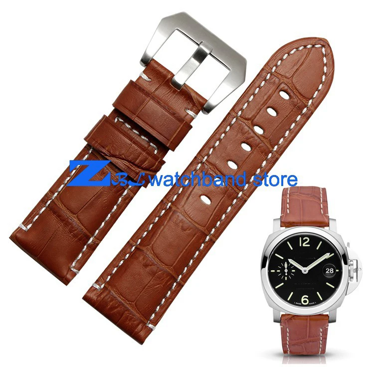 

Genuine leather watchband The width of the 24mm 22mm watch band   Brown White stitches  mens Wrist watch strap silver buckle