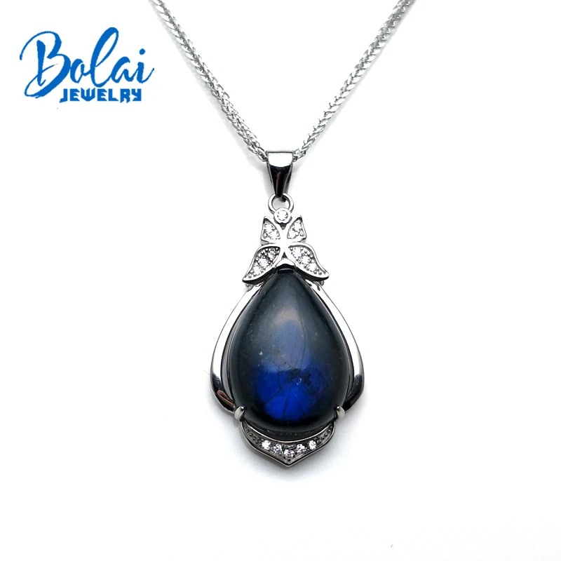 

Bolaijewelry,Natural Labradorite pear 13*18mm 10ct pendant necklace 925 sterling silver fine jewelry send woman valentine gift