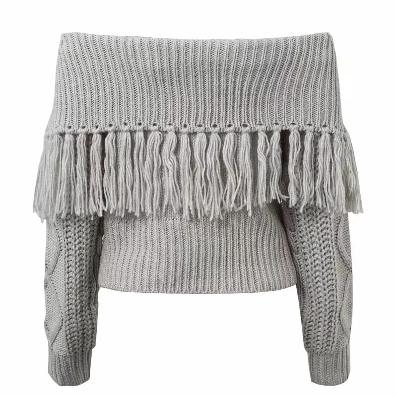 Autumn Winter Sexy Fashion Sweater Pullovers Slash-neck Long-Sleeve Tassel Knitted Sweater Tops B08SW851 Sweaters