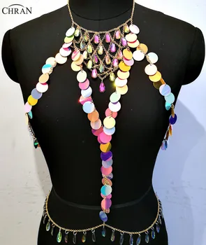 

Chran Acrylic Gem Seascale Crop Top Belly Waist Belt Chain Necklace Rave Bra Bralete Ibiza Festival Costume Wear Jewelry CRS205