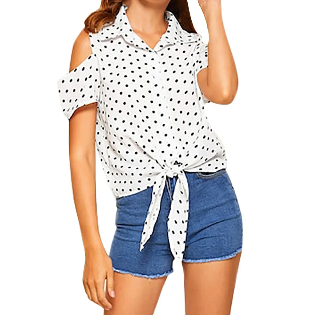 

90S Summer Tops For Women 2019 Fashion Short Sleeve Top Polka Dot Open Shoulder Knot Hem T-Shirts Women T Shirts Camiseta Mujer