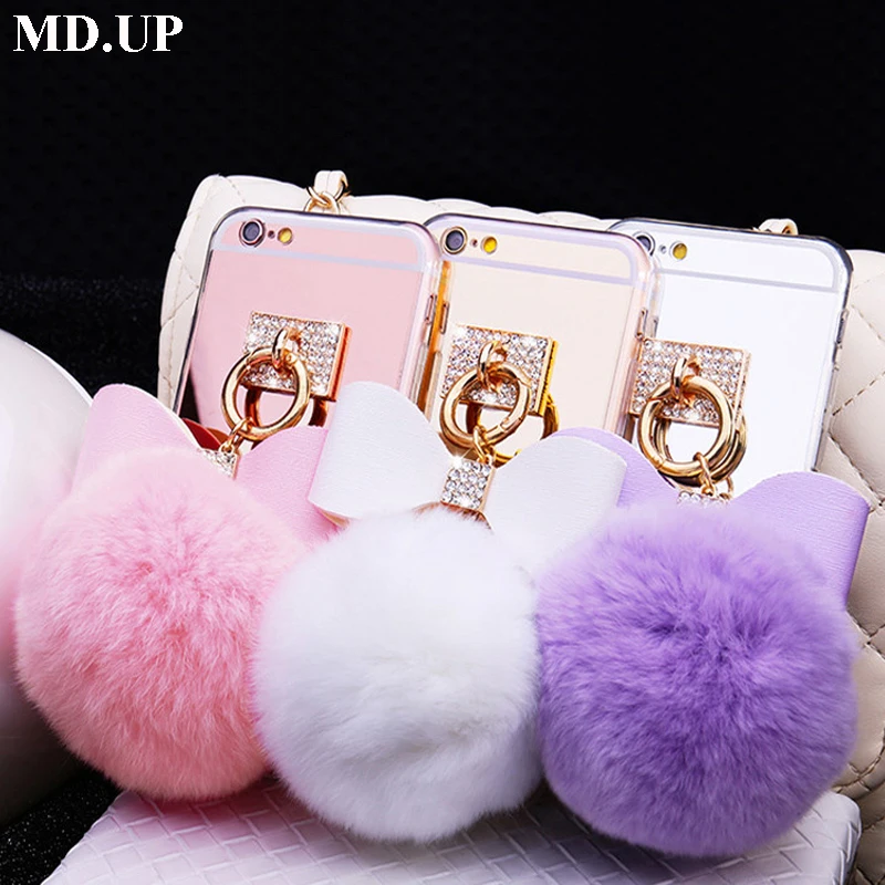 

Glitter Phone Cases for For iPhone 8 7 6 6S Plus XS Max XR X Rabbit Fur Ball Mirror Case Covers For iPhone XS Max Bling Case