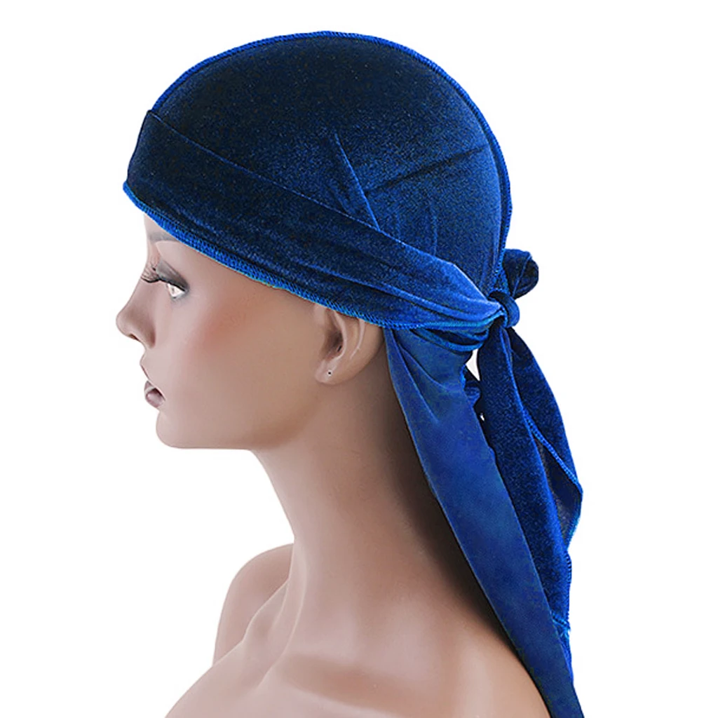 Women Men Long Tail Plain Velvet Bandana Turban Hat Durag Headwear Pirate Cap Head Wraps