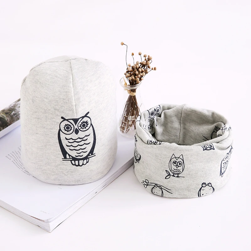 

Baby Hat Scarf Set Autumn Winter Infant Caps Cotton Scarf Baby Beanies Cartoon Owl Printed Spring Children Baby Boys Girls Hats