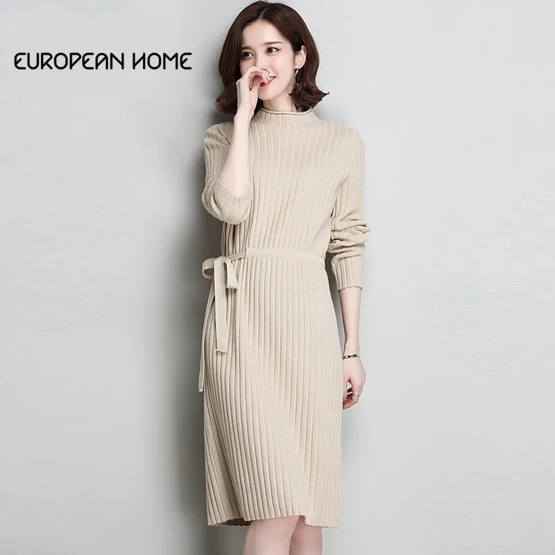 

New 2019 Autumn Winter Half High Collar Sweater Dress Women Korean Plus Size Loose Solid Slim Long Knit Bottoming Dresses LR152