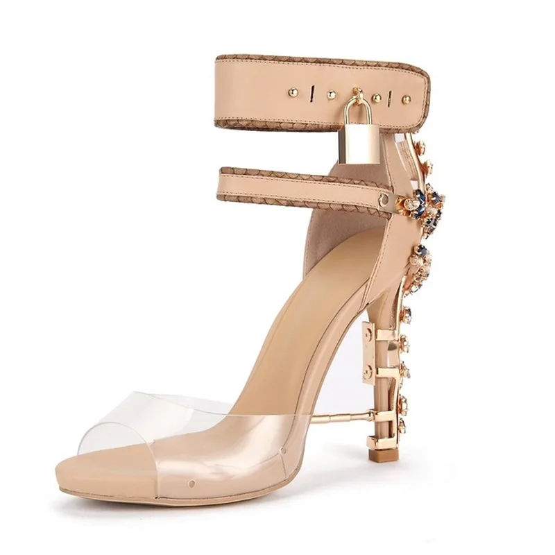 

Elegant Crystal Embellished High Heels Sandals Padlock Strange Heel Ankle Wrap Summer Gladiator Sandals Cut-out PVC Dress Shoes
