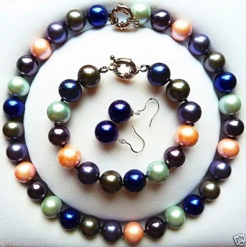 

Women Gift word Love women Fashion Jewelry Rare 14mm Natural Mix Colors Sea Shell Pearl Necklace Bracelet Earrings Set