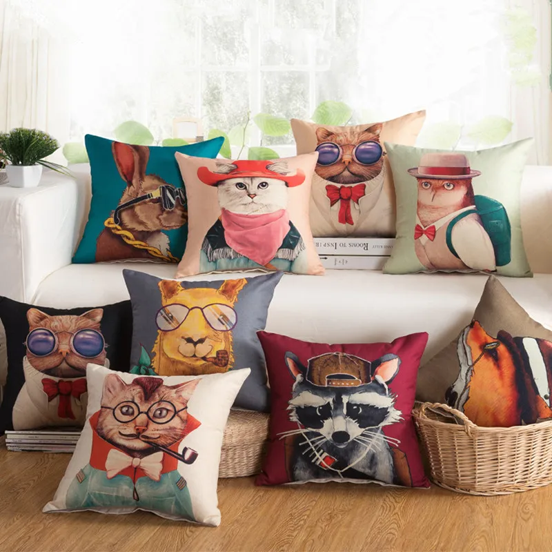 

45x45cm/17.7x17.7'' Cat Fox Raccoon Linen Cotton Home Office Decorative Cushion Case Car Sofa Cushion Cover Throw Pillow Cover