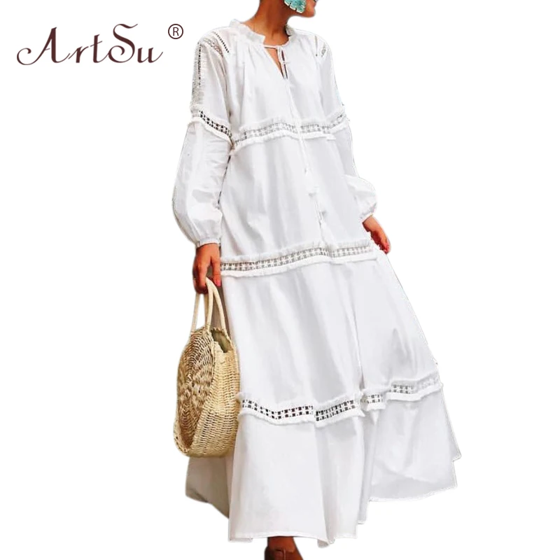 

ArtSu 2019 Fashion White Maxi Party Dress Women Runway Sexy Hollow Out Vestidos Ruffle Tie V-Neck Tassel Holiday Boho Long Dress