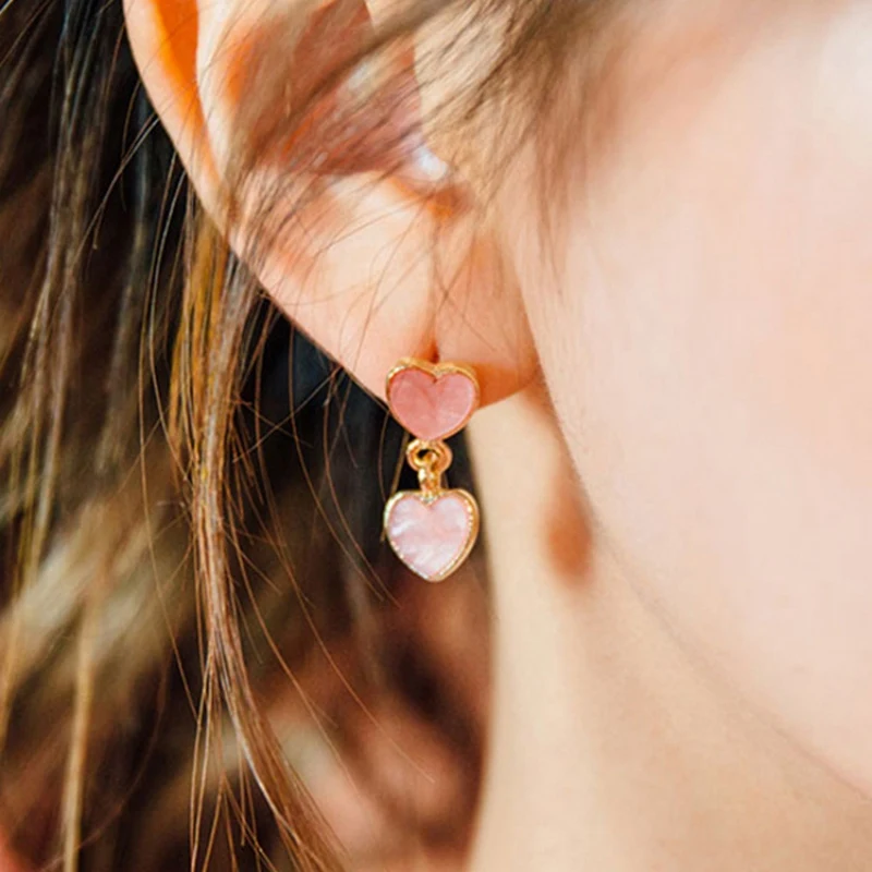

2019 Cute Pink Double Heart Statement Dangle Earrings For Women Sweet Brand Chic Earrings Jewelry Gift 2019 New Girls