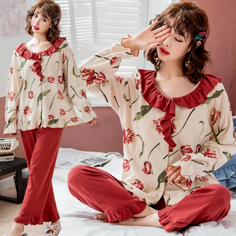 

Floral Print Cotton Maternity Nursing Sleepwear Spring Breastfeeding Nightwear Clothes for Pregnant Women Pregnancy Pajamas Suit