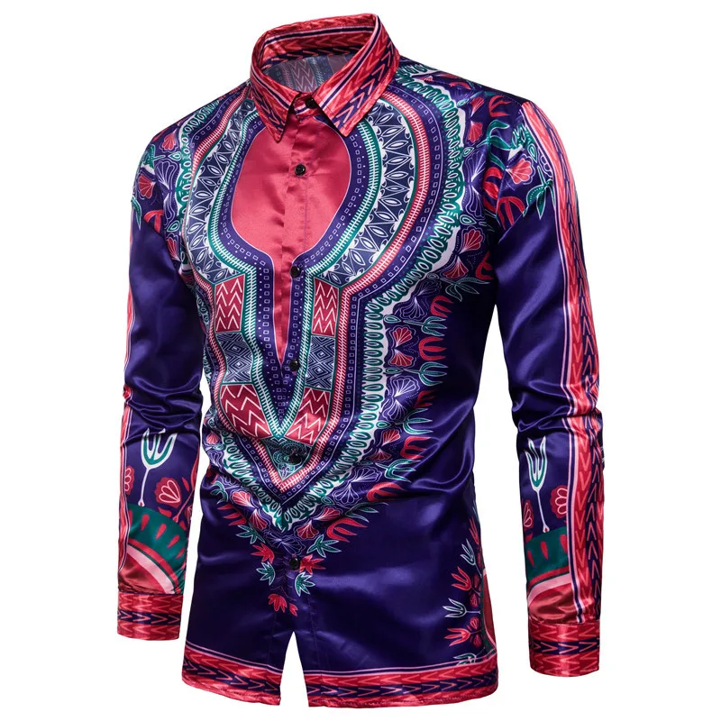 Men's autumn new 2018Personality casual Shirt clothes men Ethnic style Digital pattern cotton dress long-sleeved shirt S-XXL (4)
