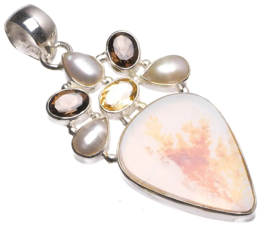 

Natural Dendritic Opal,Mother Of Pearl,Smoky Quartz Citrine Boho 925 Sterling Silver Pendant 2 1/4" U0159