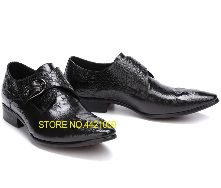 

Crocodile Genuine Leather Men Oxfords Buckles Pointed Toe Male Spring Wedding Single Oxfords Shoes Black Wine Fashion Shoes