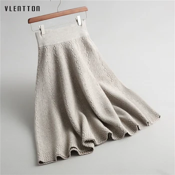 

High Quality black grey thernal warm thick midi a-line knitted skirt for women winter stretch high waist umbrella skirts