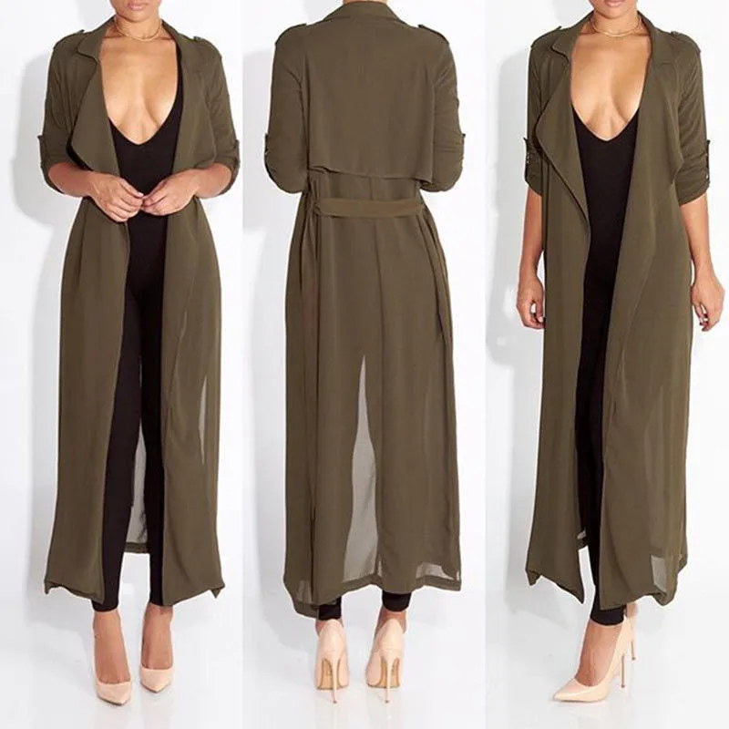 

Trendy Women clothes solid Bandage Long Sleeve casual Trench turn-down collar Chiffon Casual Cardigan Outwear one pieces