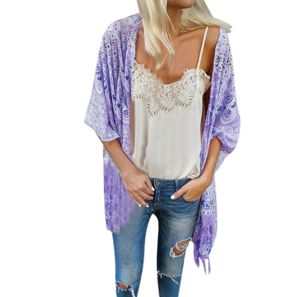 Womail Boho Vintage Women Floral Loose Shawl Kimono Cardigan Chiffon Purpel Coat Jacket Blouse Loose fit silhouette Top w30507