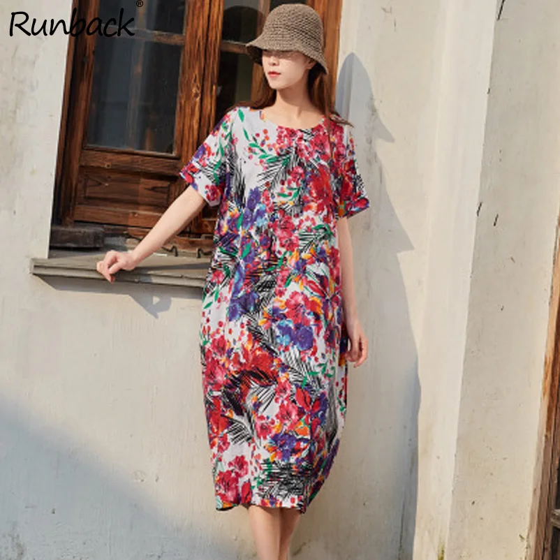 

Runback Long Dress Summer 2019 Flower Print Yellow Green Cotton Linen Maxi Dresses Plus Size Short Sleeve O-neck Robe Boheme