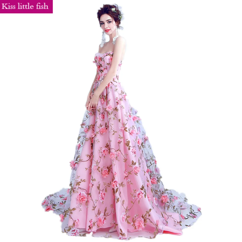

116 Free shipping long evening dress 2019 new arrival formal dresses Elegant pink flower evening dress