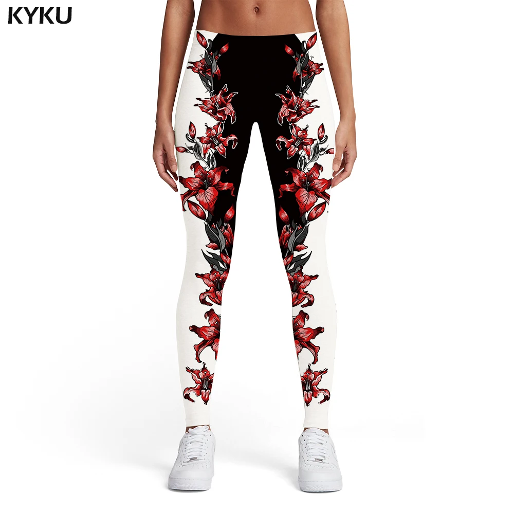 

KYKU Brand Flower Leggings Women Art Sport Black And White Elastic Harajuku 3d Print Gothic Printed pants Womens Leggings Pants