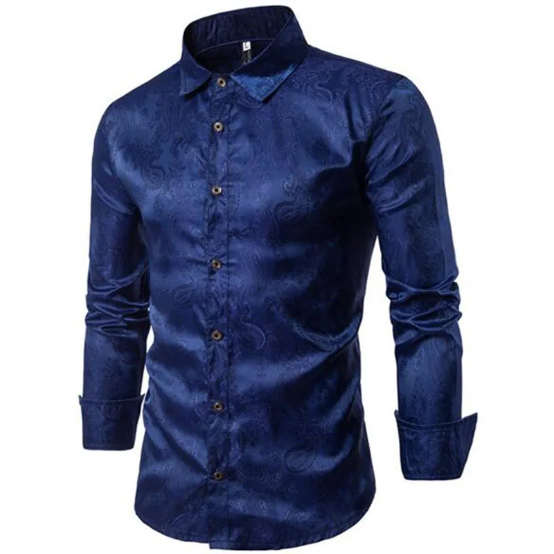 Для мужчин Masculina мода Slim Fit Шелковый Bling смокинг рубашки с длинными рукавами отложной воротник с вышивкой Стиль рубашки Размеры S-2XL - Цвет: blue