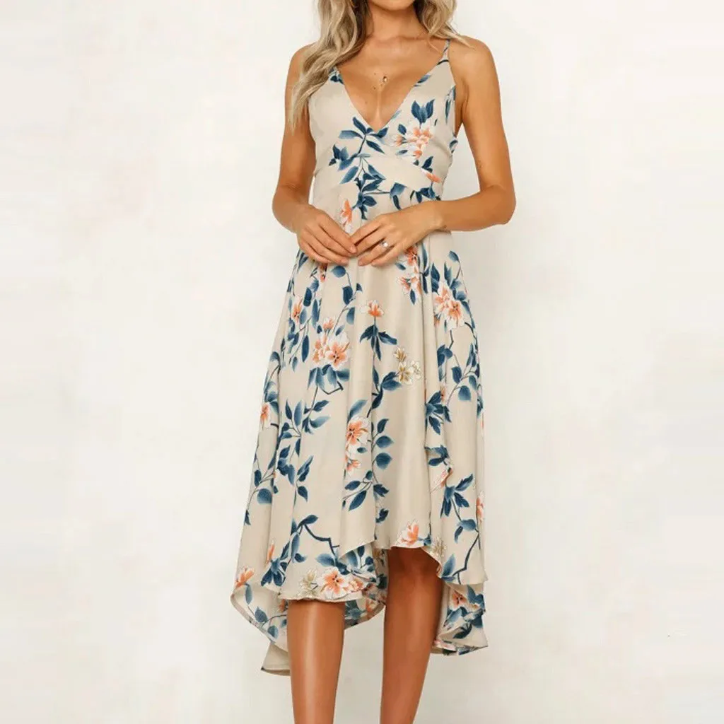 

Feitong Fashion Women Casual V-Neck Dress Camis Print Lace up Beach Style Sleeveless Dress vestidos verano 2019 New