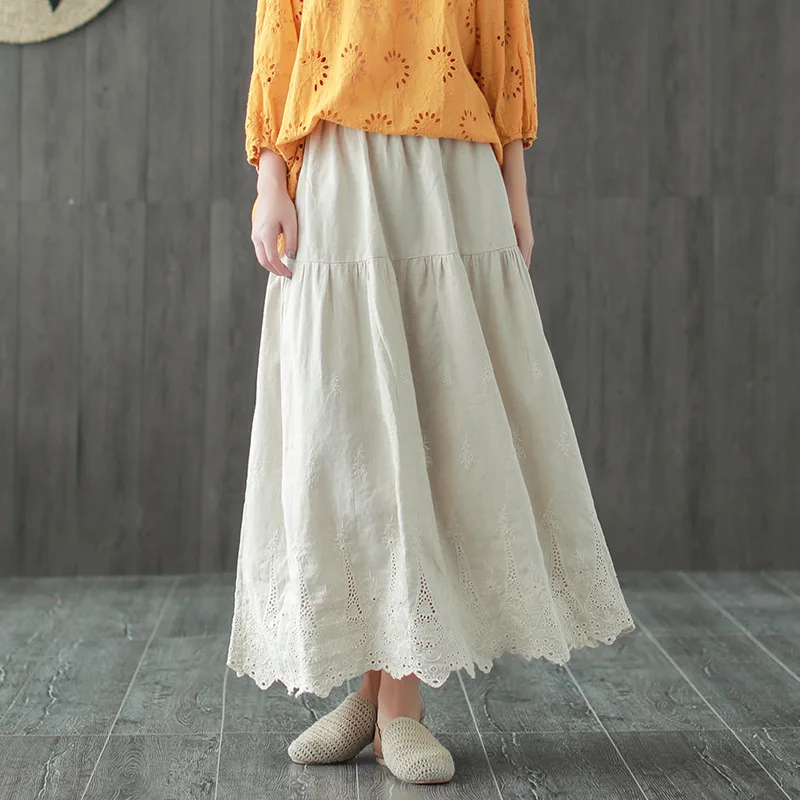 Осенняя Новинка, художественная кружевная вышивка в стиле пэчворк, винтажная хлопковая льняная Женская трапециевидная строчка, свободная ретро юбка миди