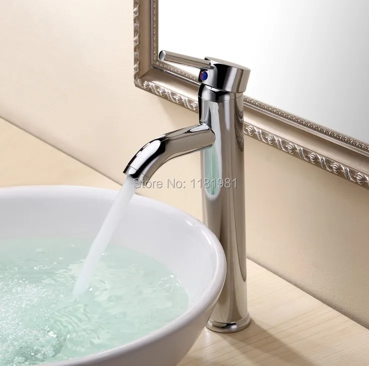 

Economic chrome-plated single hole deck mounted ceramic Plate Spool tall basin bathroom faucet C414