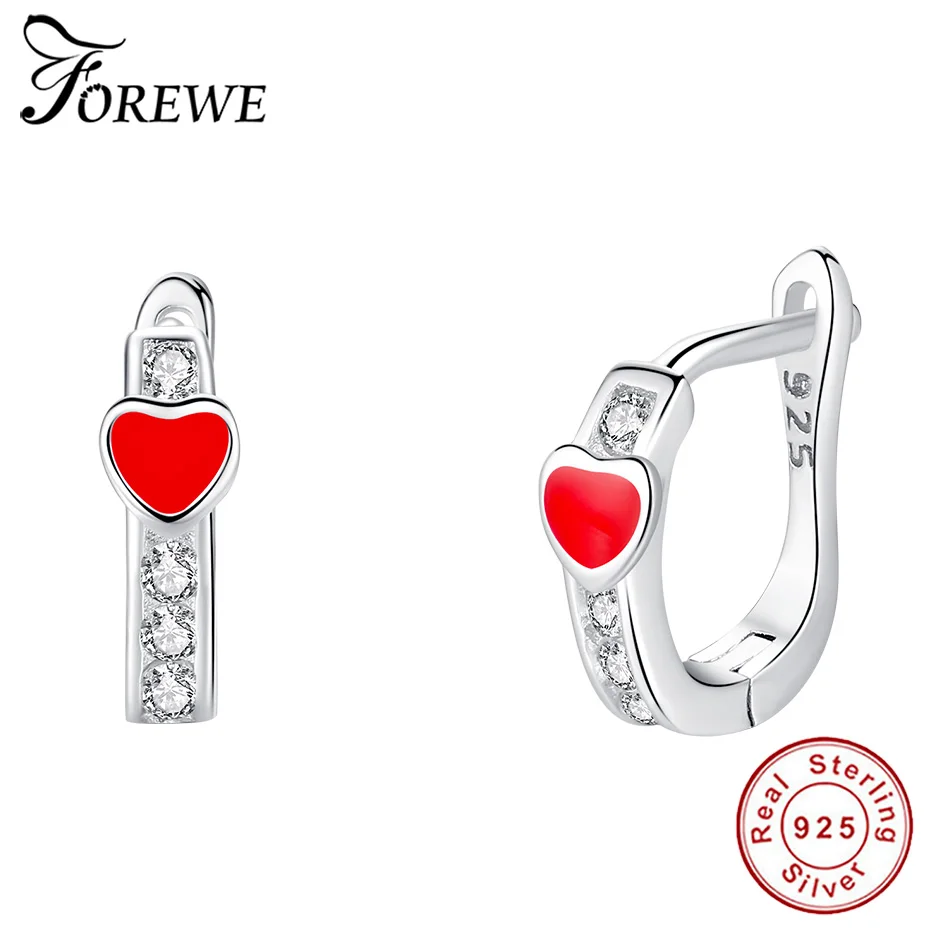 

FOREWE 925 Sterling Silver Cute Red Heart Earrings For Women Girls Kids Mini Red Enamel Crystal Stud Earrings Children Jewelry