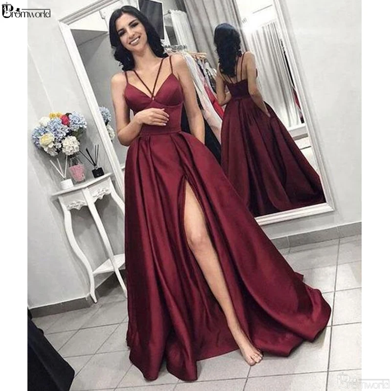 

Burgundy Satin Evening Gowns 2019 A-Line Sexy Split Long Prom Dresses with Pockets Spaghetti Straps V-neck A-Line Evening Dress