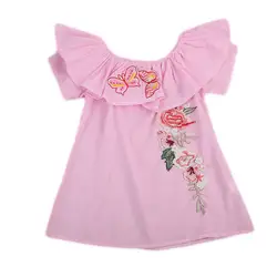 Цветок Вышивка одежда для малышей Детские Обувь для девочек с открытыми плечами платье в полоску Детские повседневные платья для