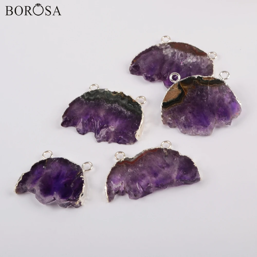 

BOROSA 5/10PCS Natural Amethysts Slice Connectors Gems Natural Purple Crystal Drusy Silver Pendant for Necklace Jewelry S1831